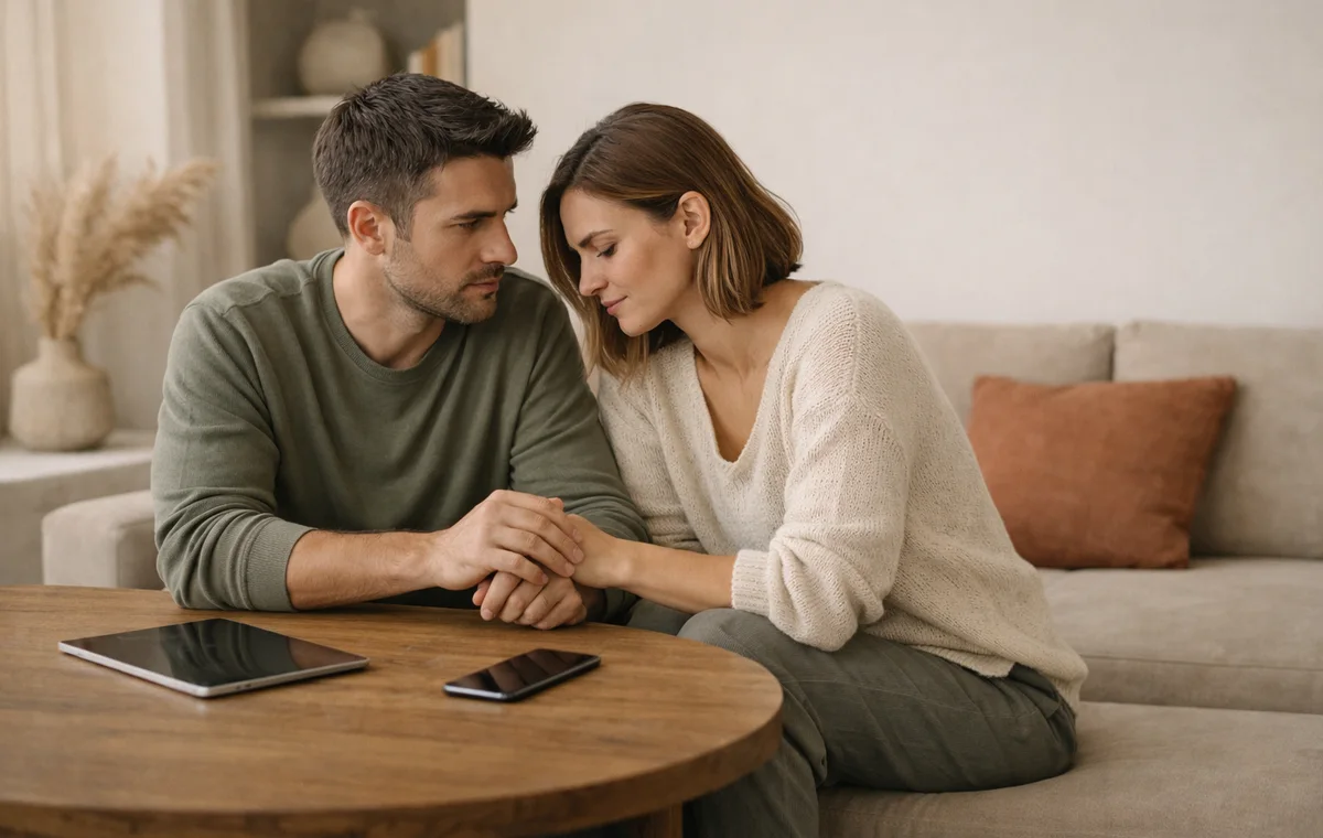 A calm couple conversation moment with privacy-first prompts in Wehaven.